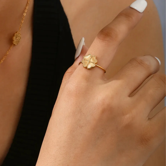 Gold ring on a finger with a blurred background