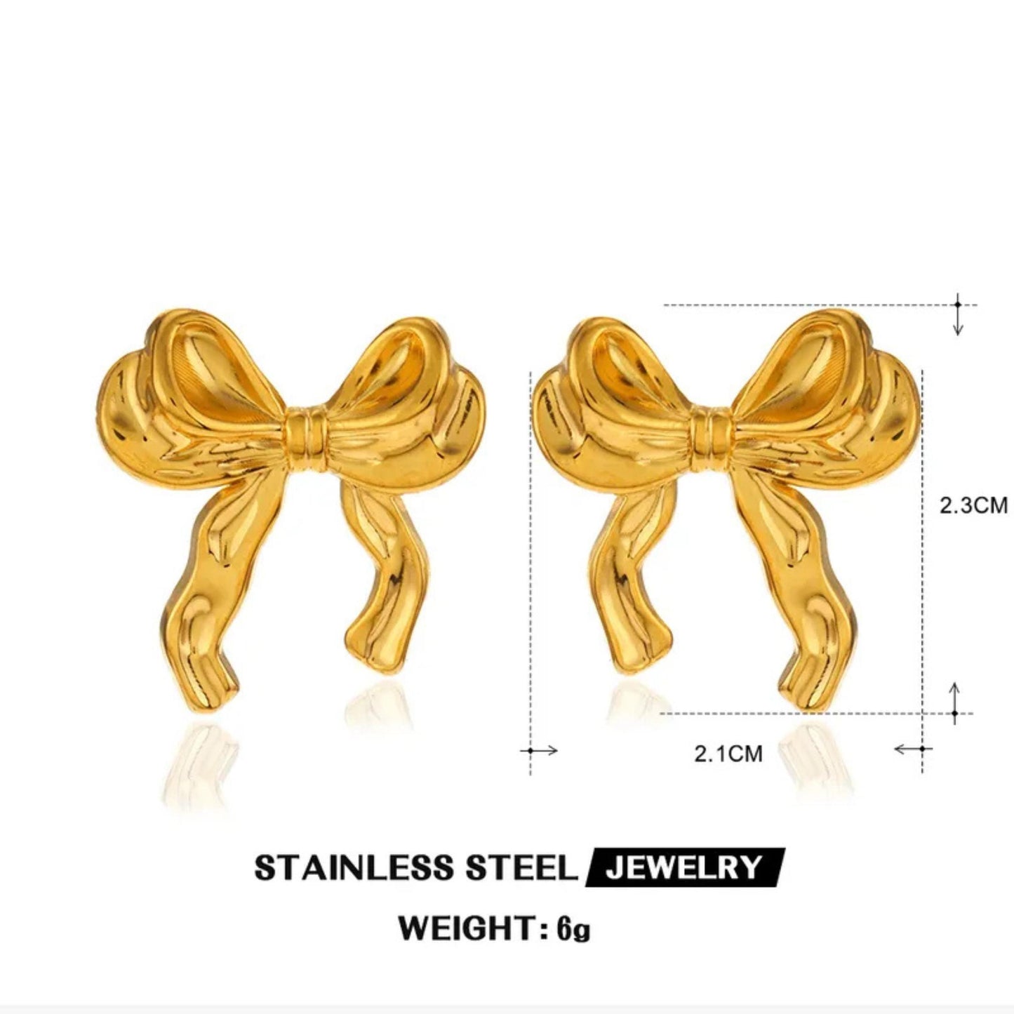 Gold bow-shaped earrings with measurements on a white background