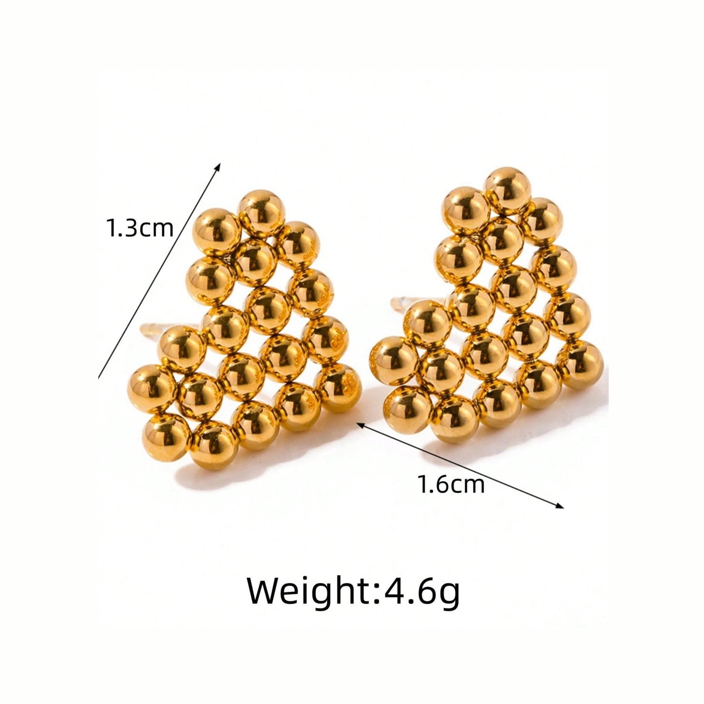 Gold heart shaped beaded earrings with measurements and weight displayed on a white background