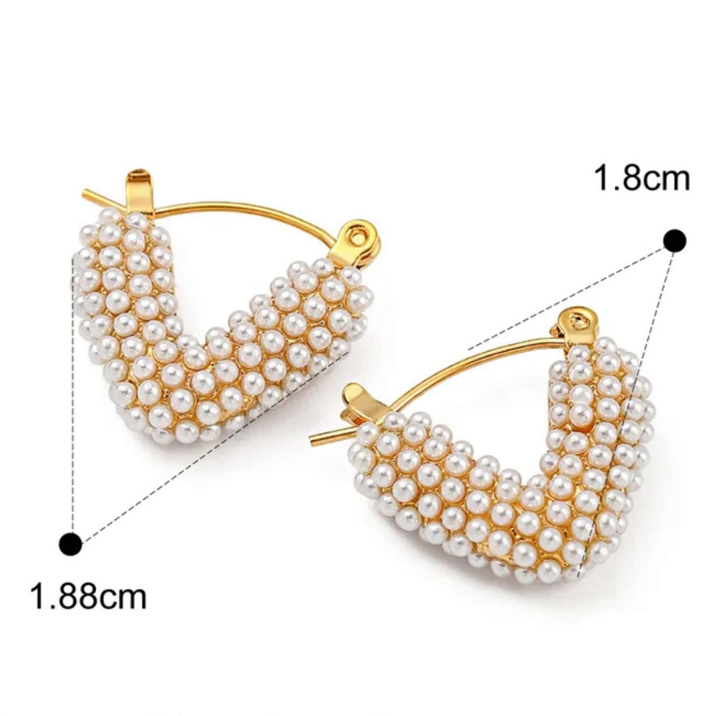Gold hoop earrings with pearl beads and it's size on a white background