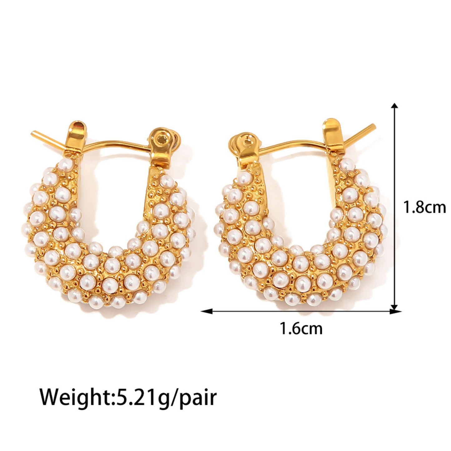 Gold hoop earrings with pearl detailing and measurements on a white background