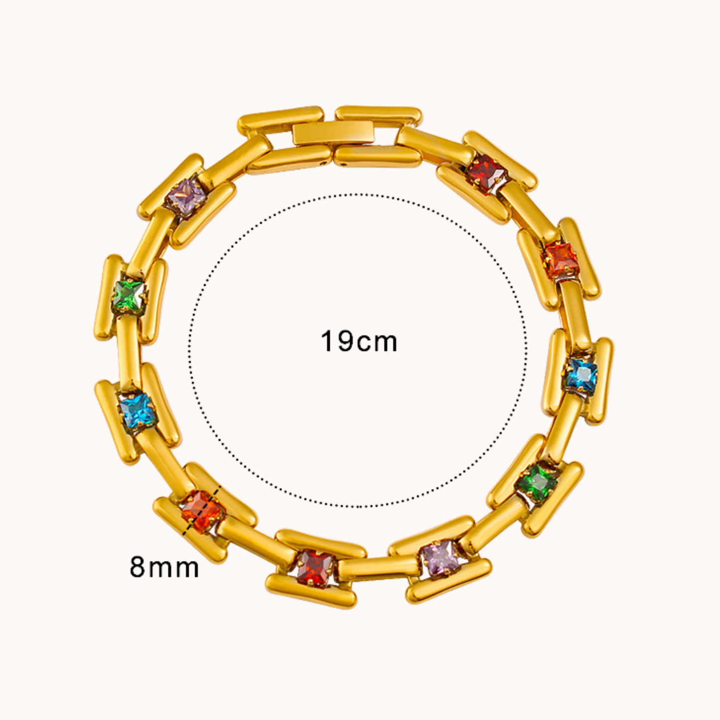 Gold bracelet with colorful stones and measurements on a white background