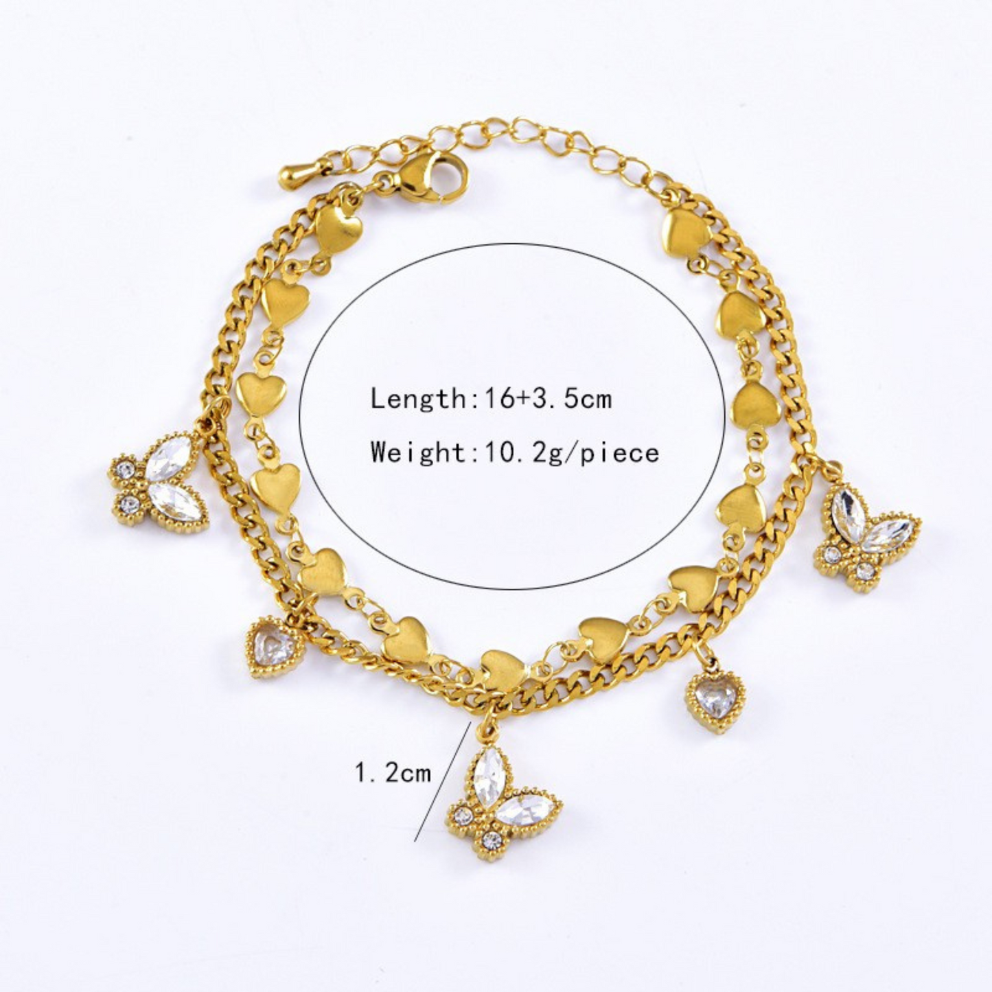 Gold bracelet with heart and butterfly charms on a white background
