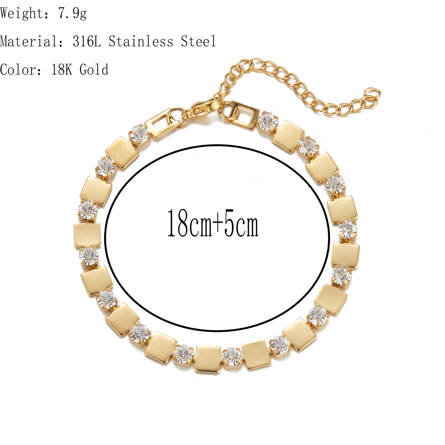Gold bracelet with clear stones on a white background