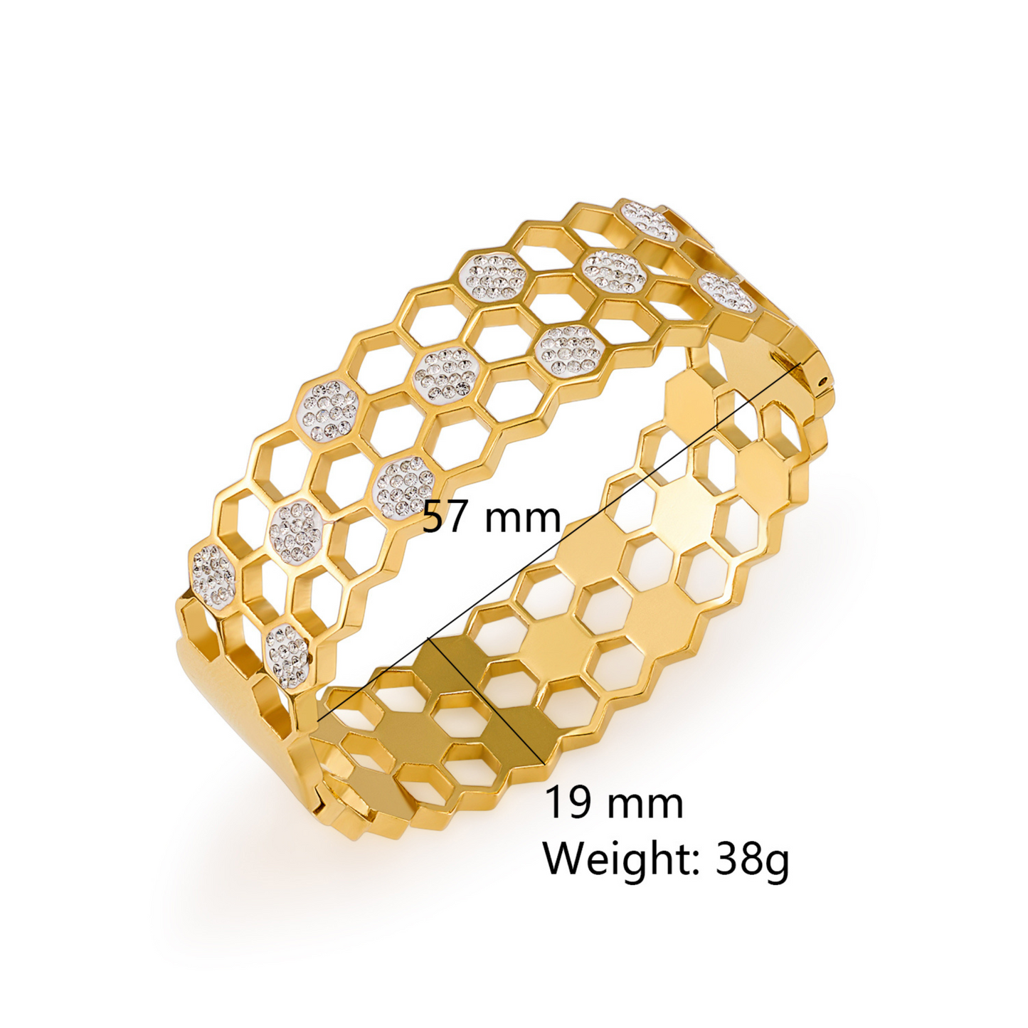 Gold bracelet with honeycomb design and diamond-like stones on a white background