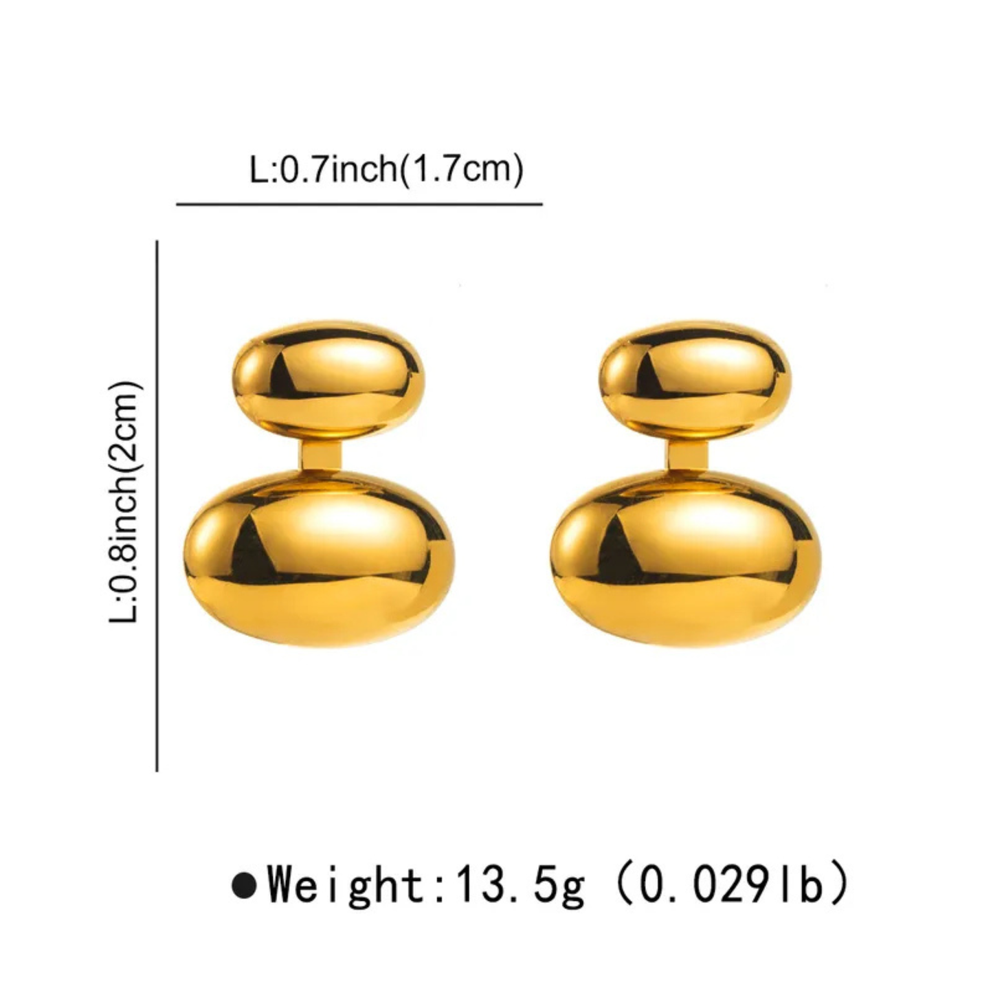 Gold earrings with measurements and weight details on a white background