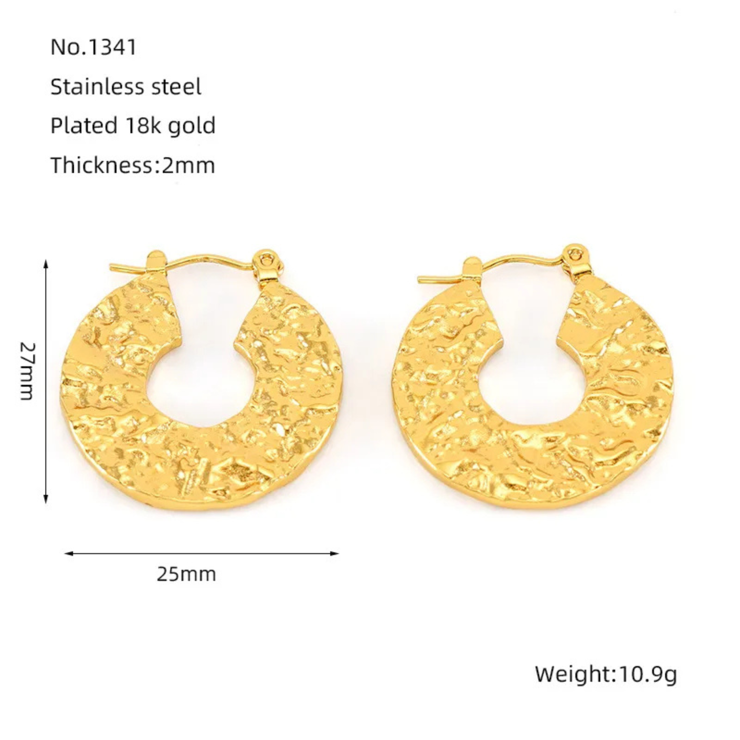 gold hoop earrings in white background with measurment