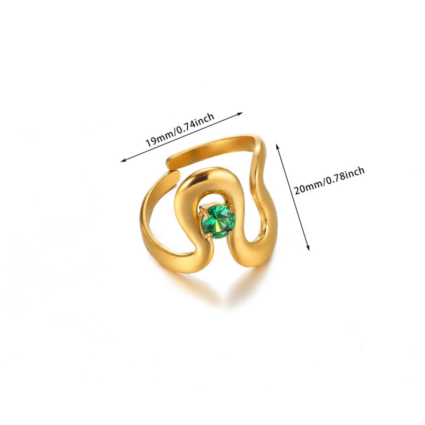 Gold ring with a green gemstone and measurements on a white background