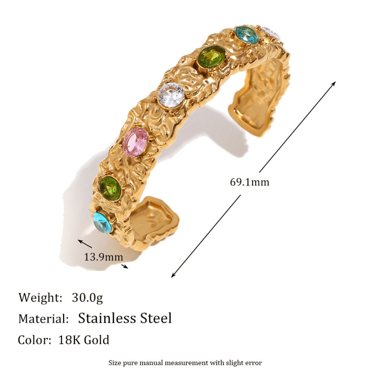 Gold bracelet with colorful stones and measurements on a white background