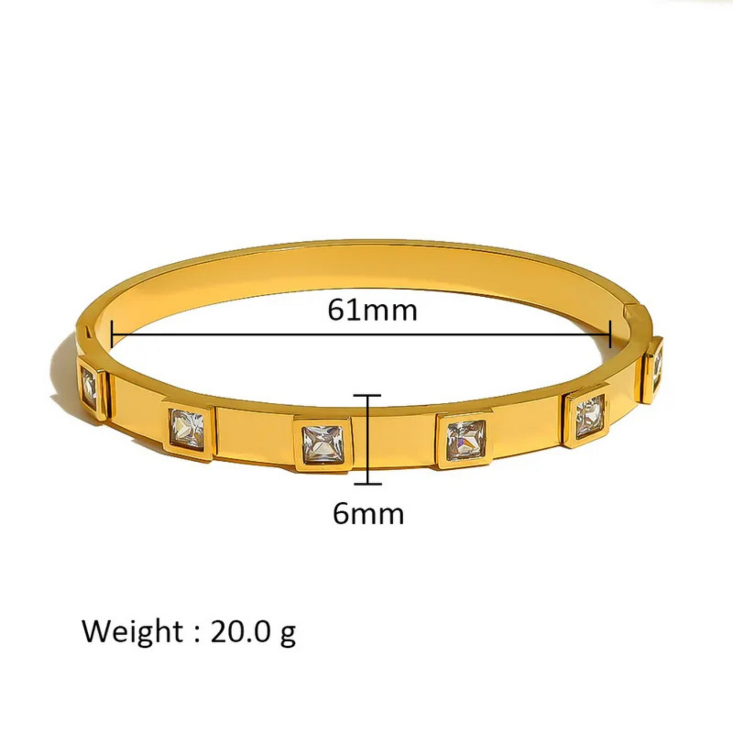 Gold bracelet with diamond accents and measurements on a white background
