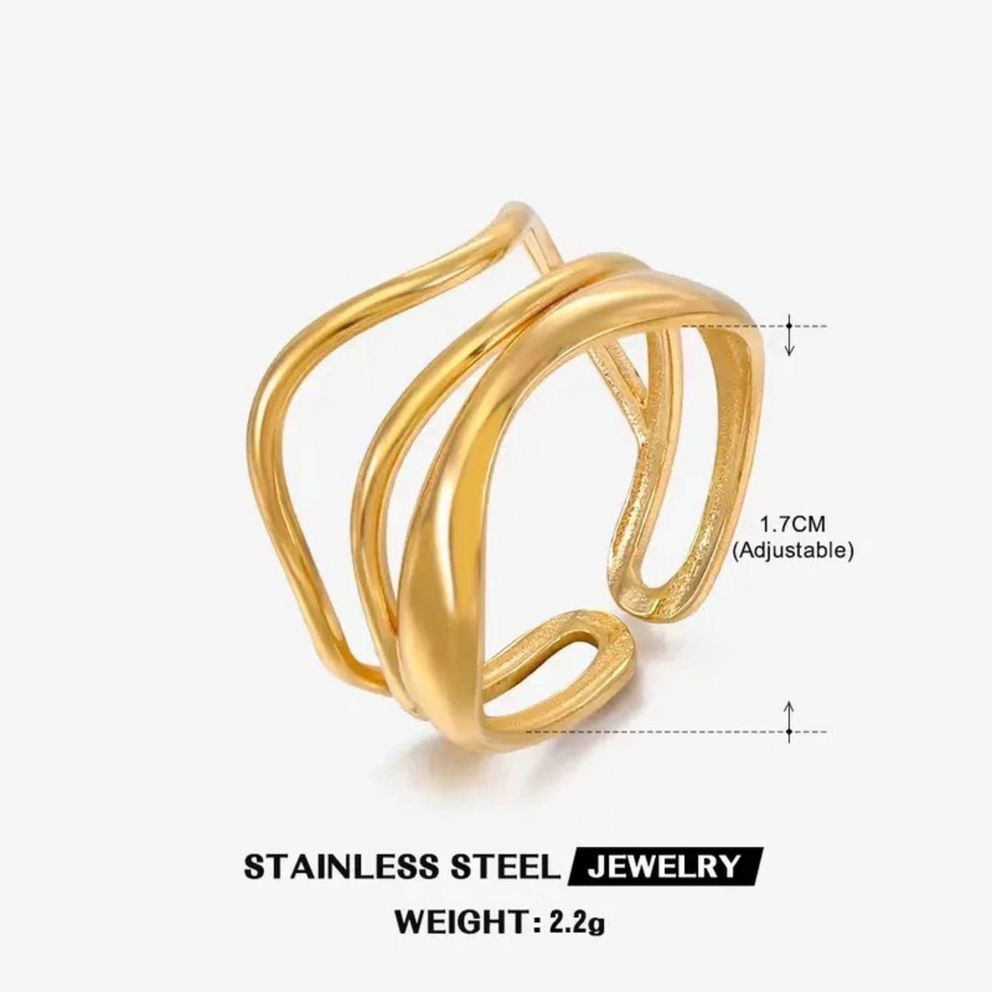 Gold adjustable cuff ring with measurements on a white background