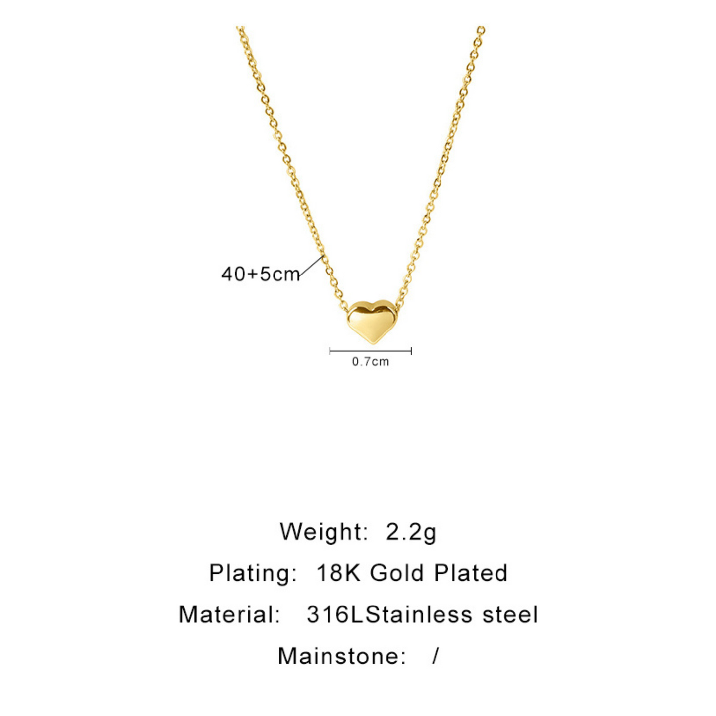Gold necklace with heart pendant on a white background