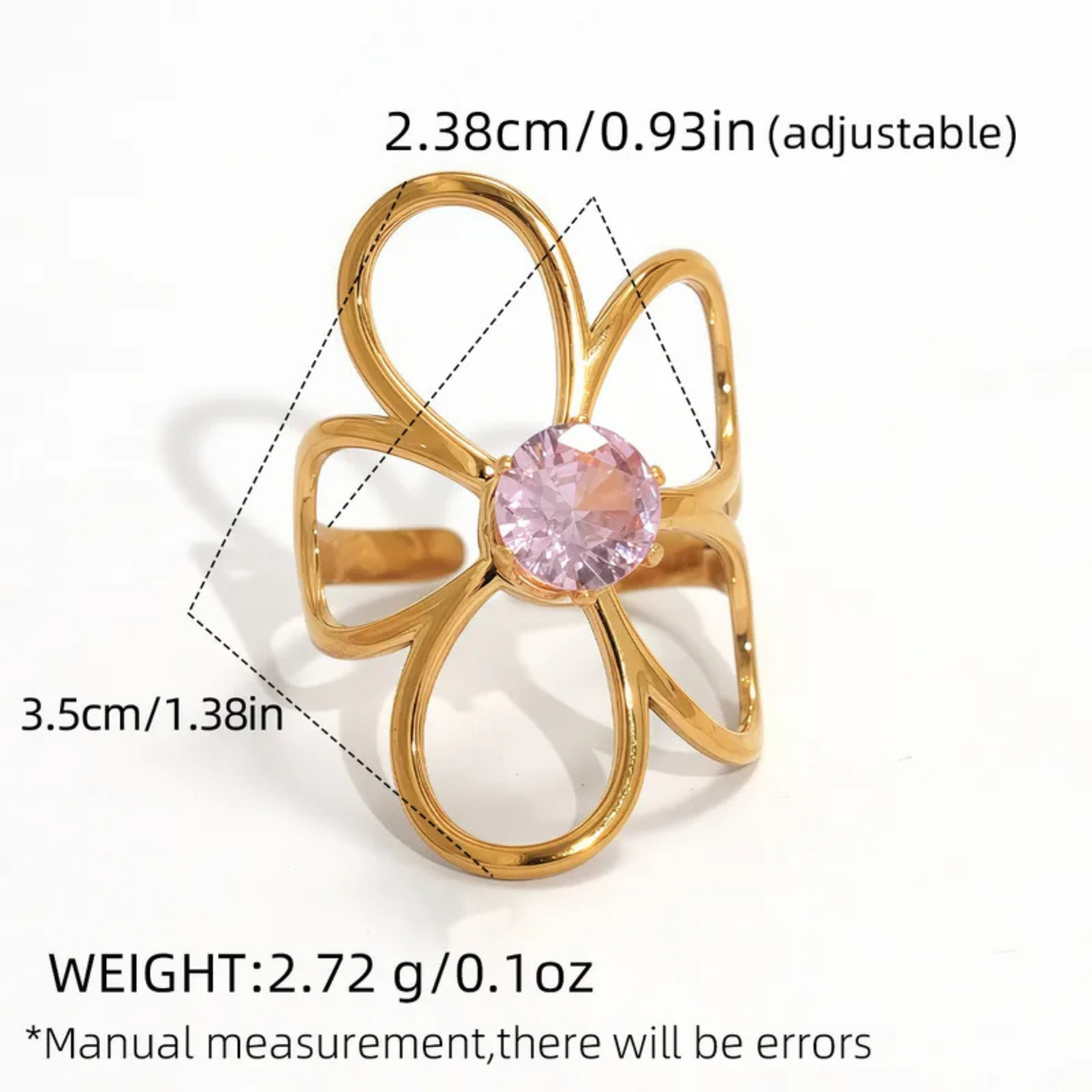 Gold ring with a pink gemstone and measurement details on a white background