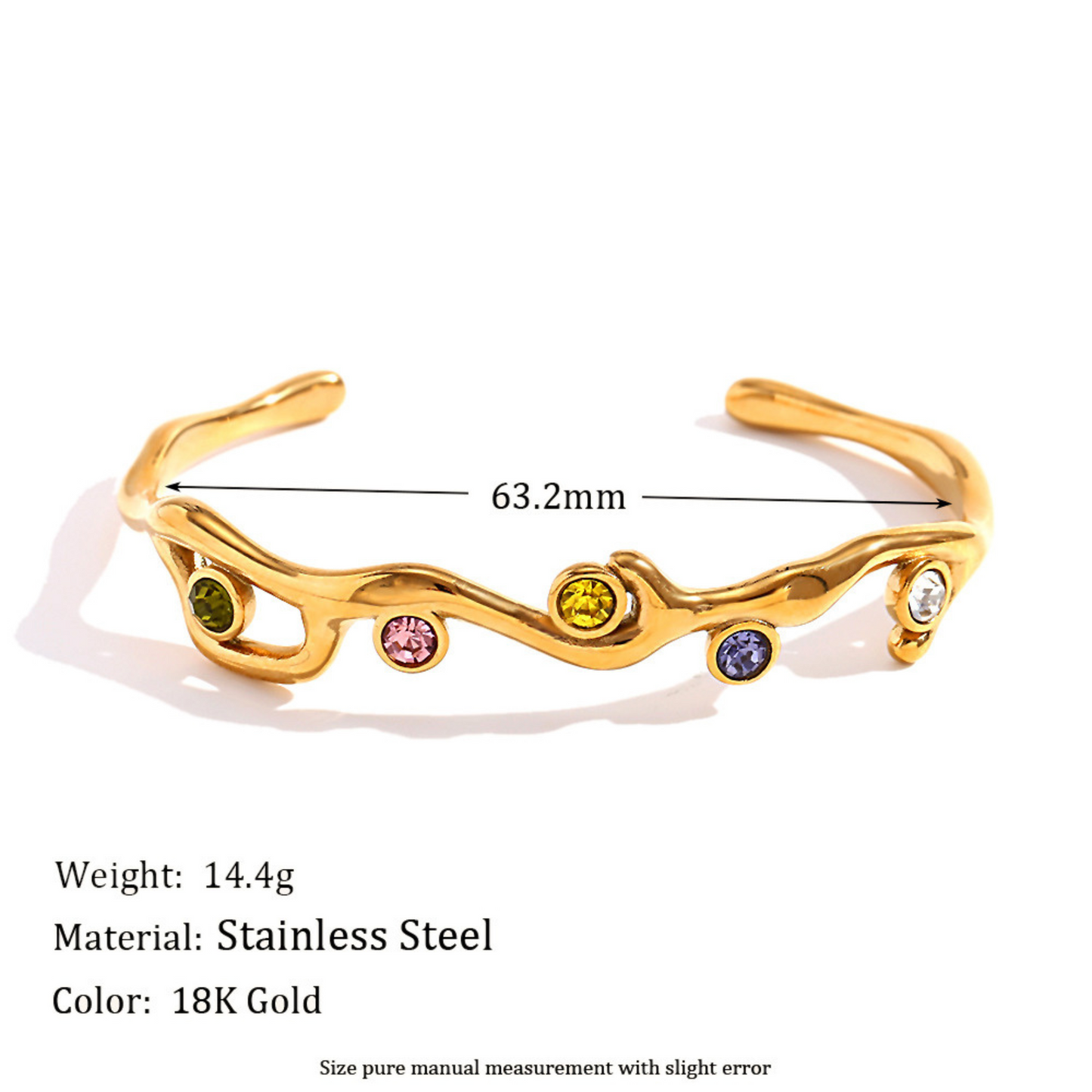 Gold bracelet with embedded gemstones on a white background