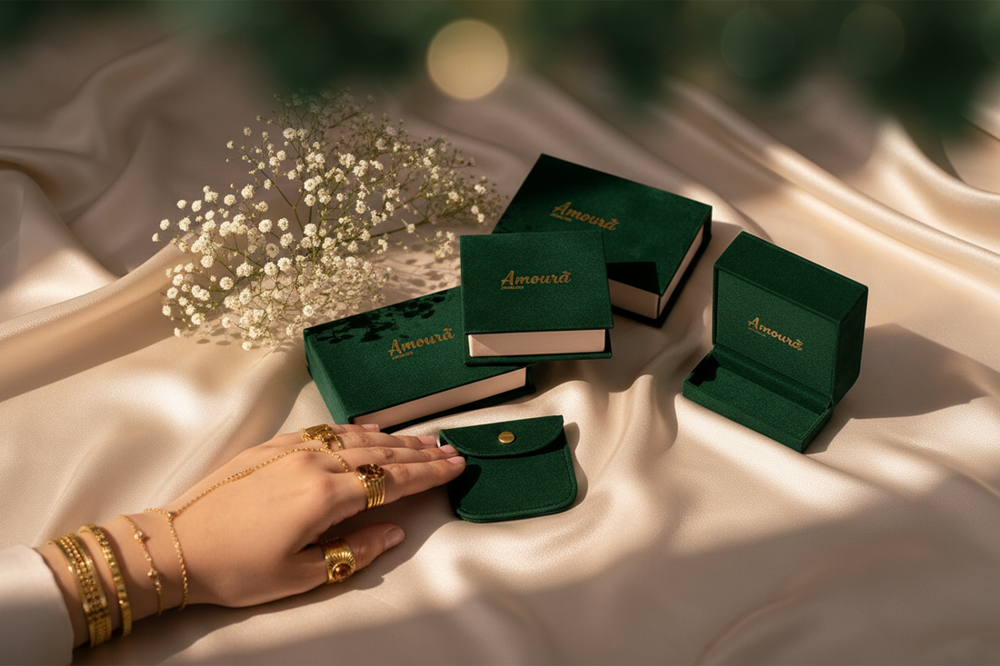 Amoura jewellers gift box and hands wearing jewelry