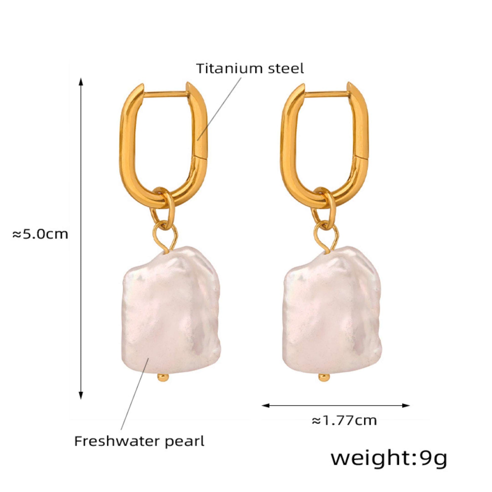 Gold earrings with freshwater pearls, labeled for titanium steel, pearl size, and weight.