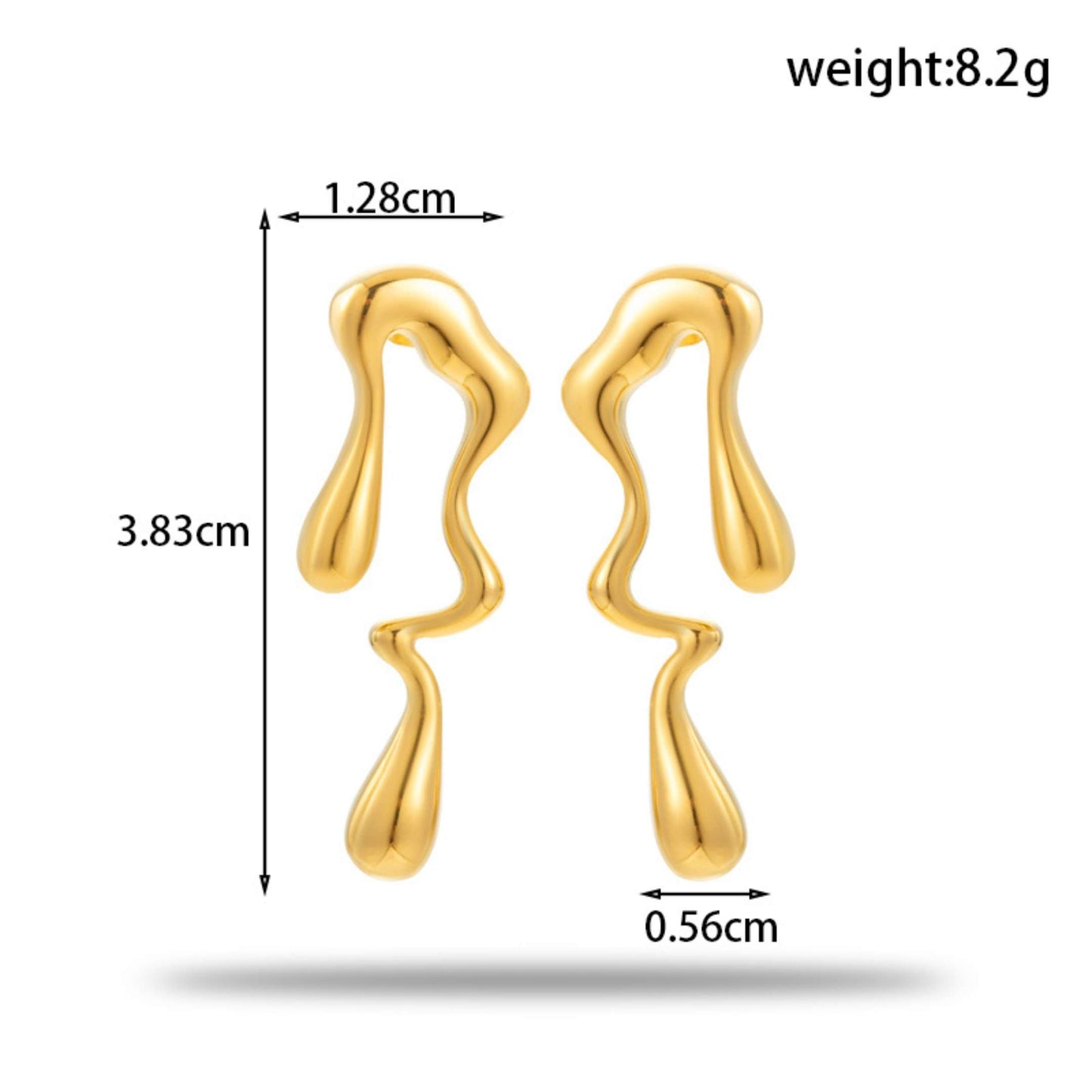 Gold geometric earrings with measurements and weight on a white background