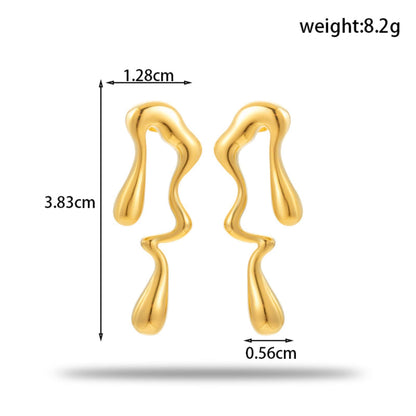 Gold geometric earrings with measurements and weight on a white background