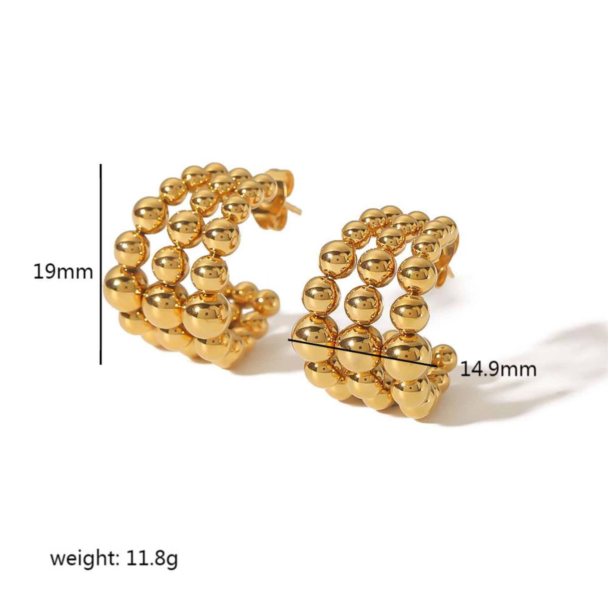 Gold beaded hoop earrings with measurements on a white background