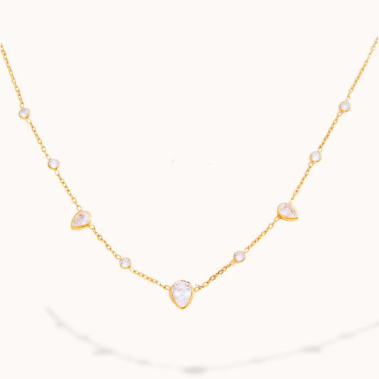 Gold necklace with teardrop-shaped pendants on white background