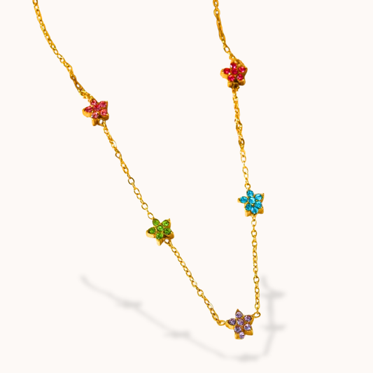 Gold necklace with colorful star-shaped pendants on a white background