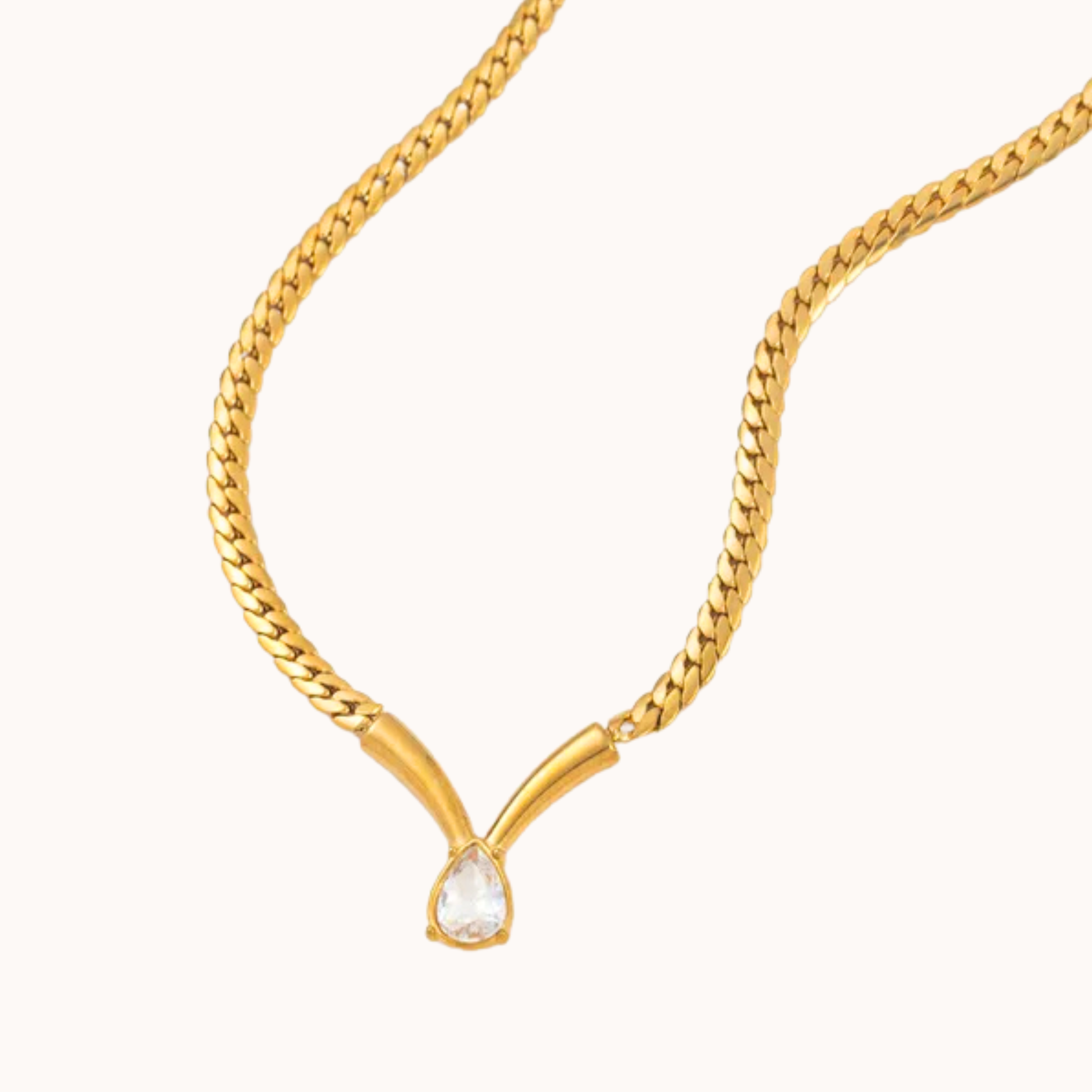 Gold chain necklace with Tear drop diamond pendant 