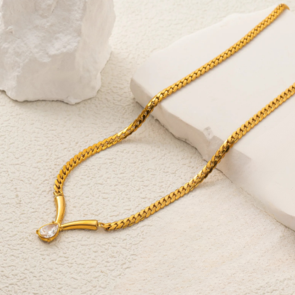 Gold chain necklace with Tear drop diamond pendant 