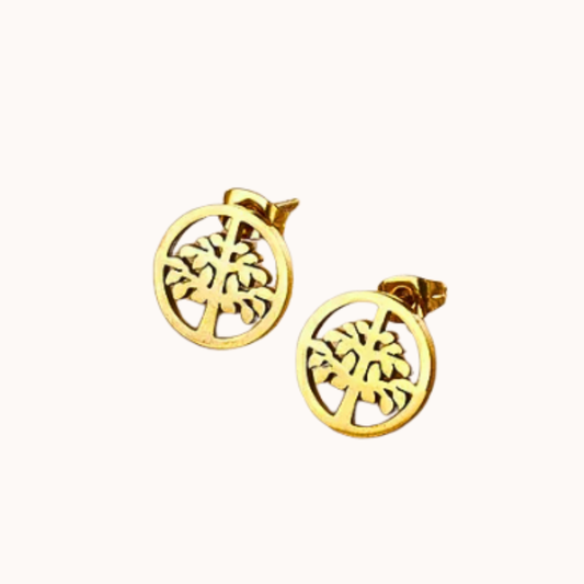 Gold tree of life earrings on a white background