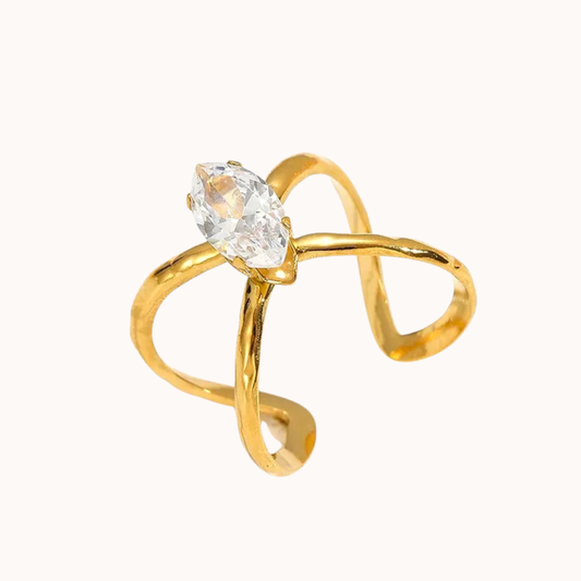 Gold ring with a clear gemstone on a white background