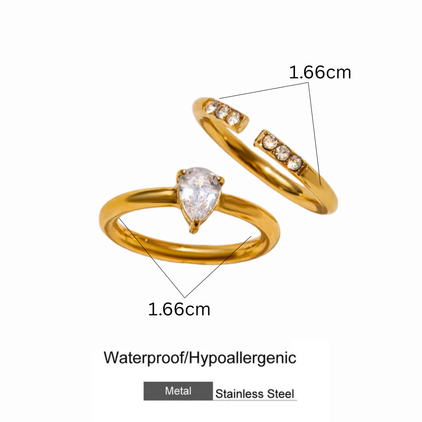 Two gold rings with gemstones and measurement details on a white background