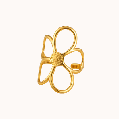 Gold flower-shaped ring on a white background