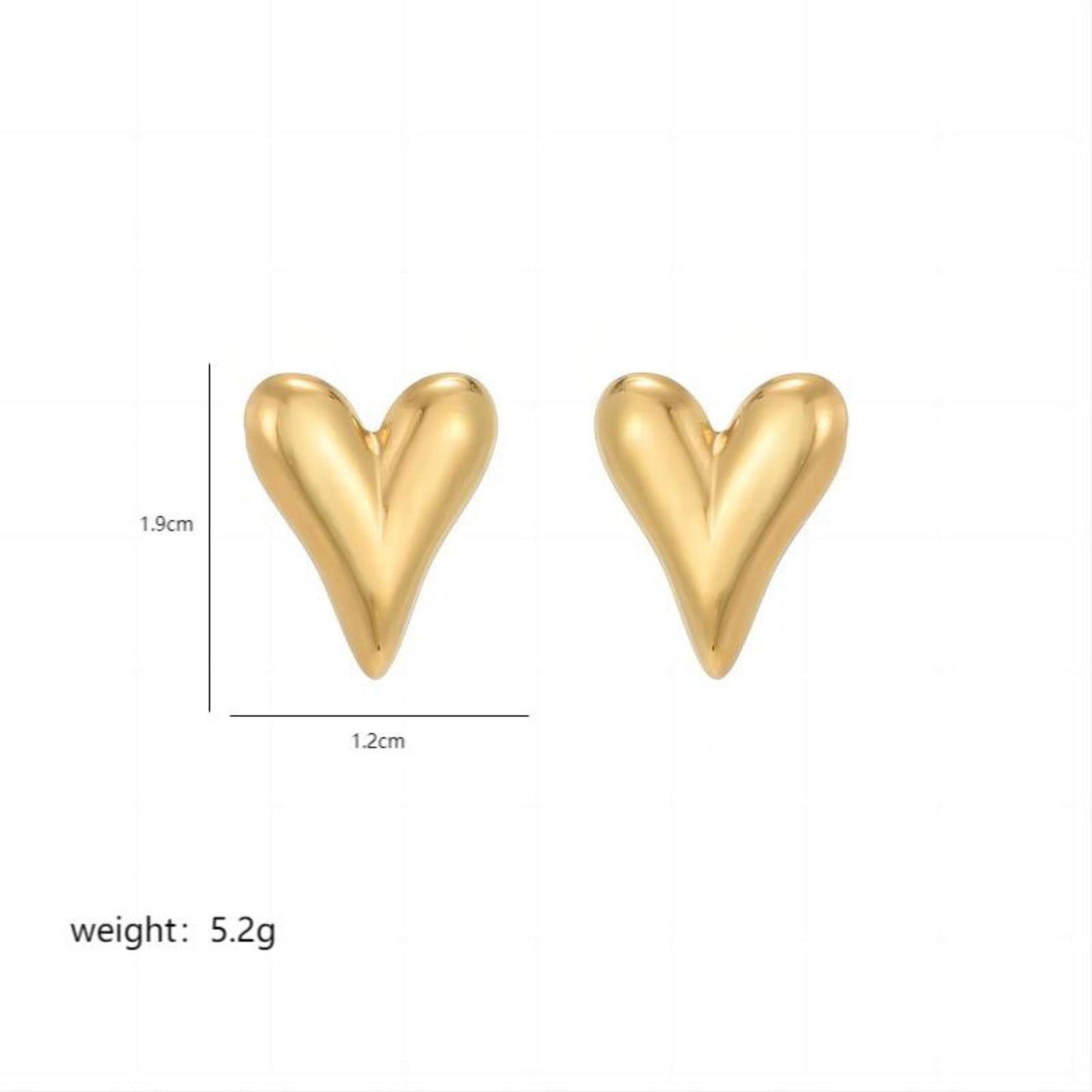 Gold heart-shaped earrings with measurements and weight on a white background