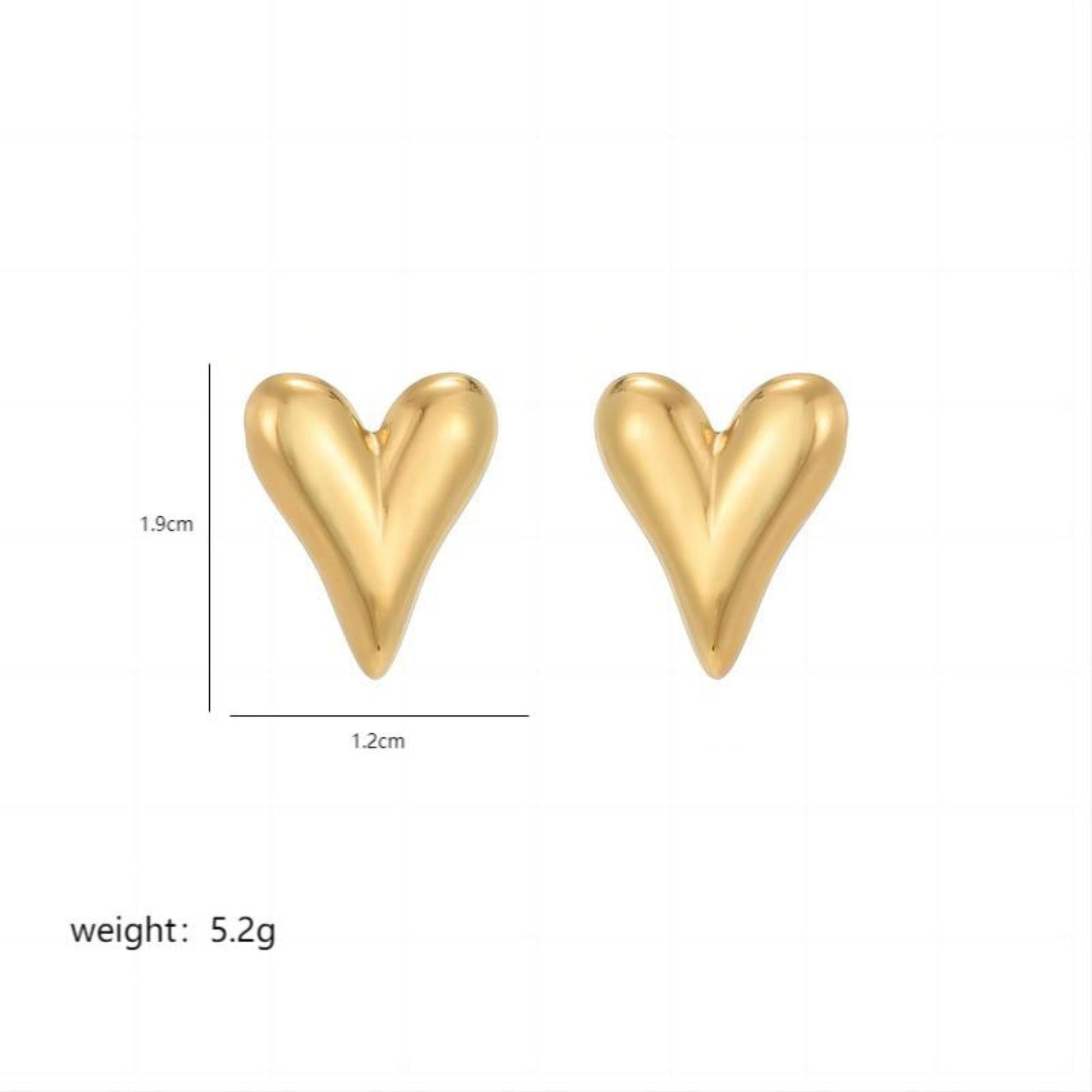 Gold heart-shaped earrings with measurements and weight on a white background