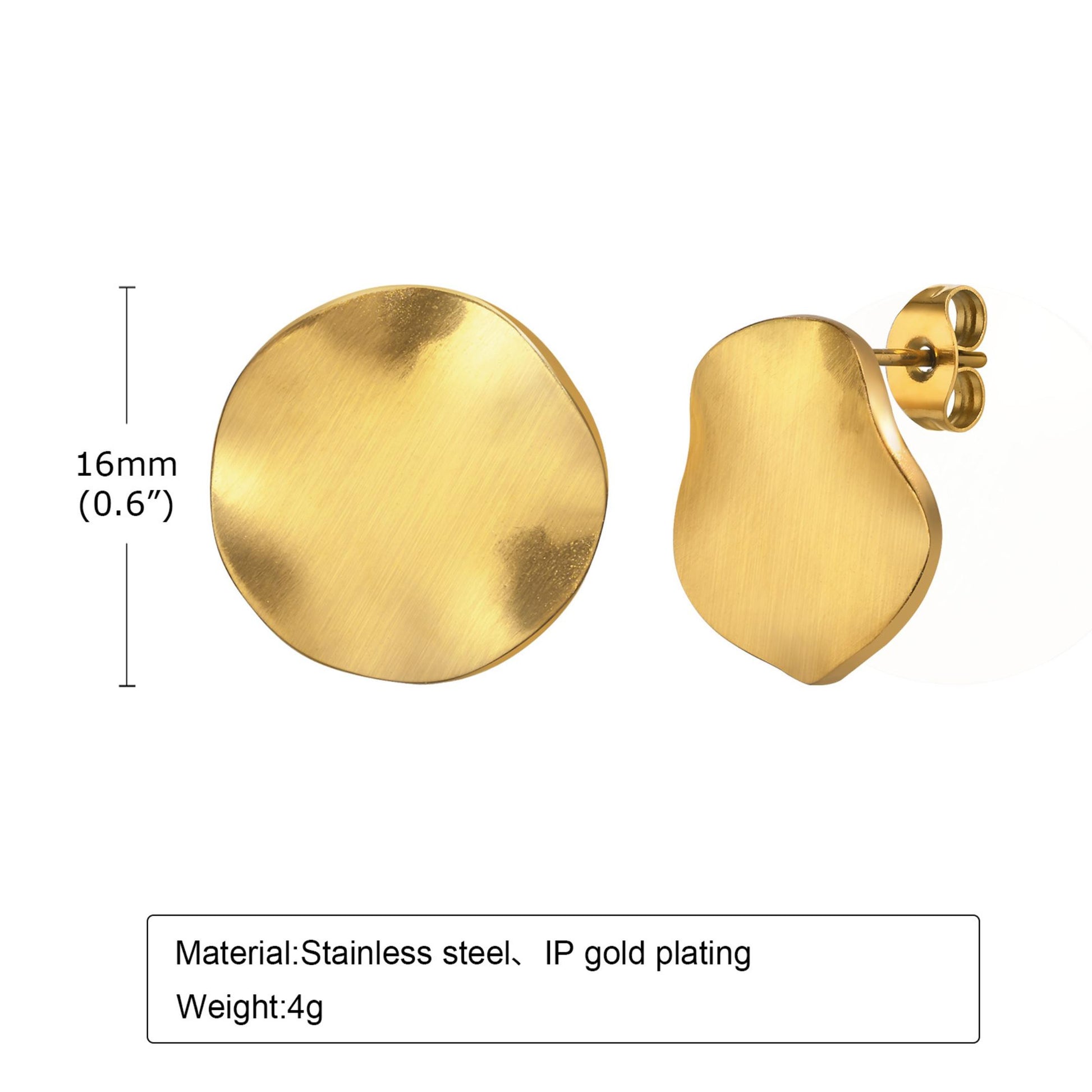 Gold round earrings with dimensions and material information on a white background