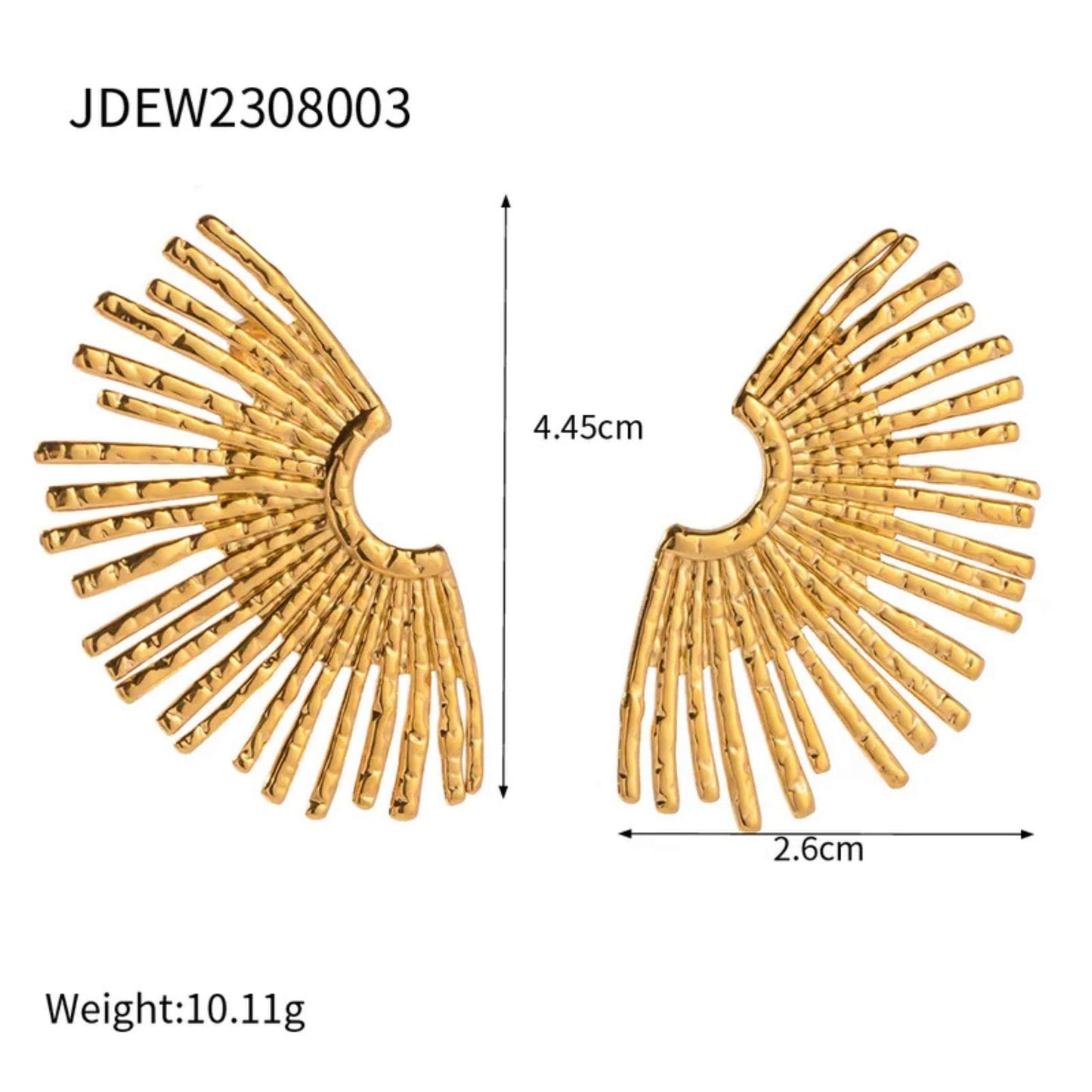 Gold fan or sunburst earrings with measurements on a white background