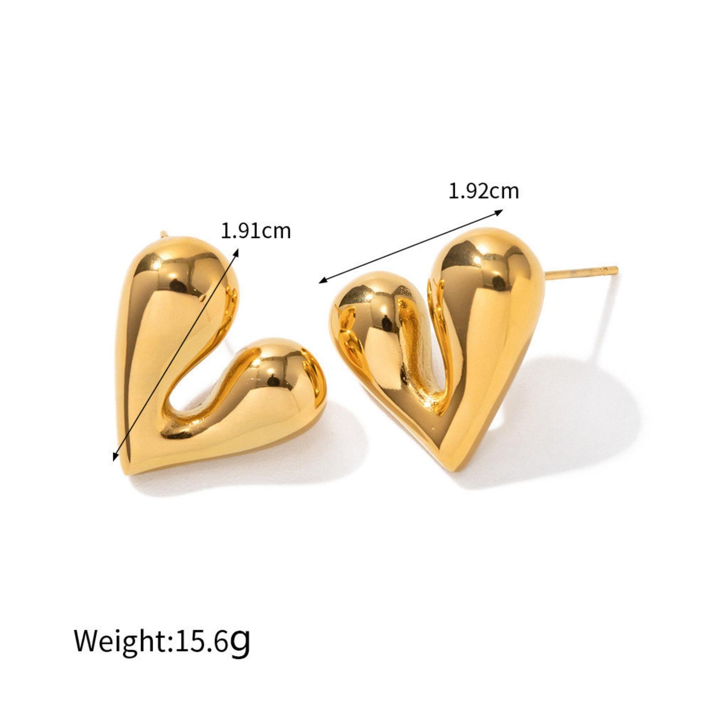Gold heart-shaped earrings with measurements on a white background