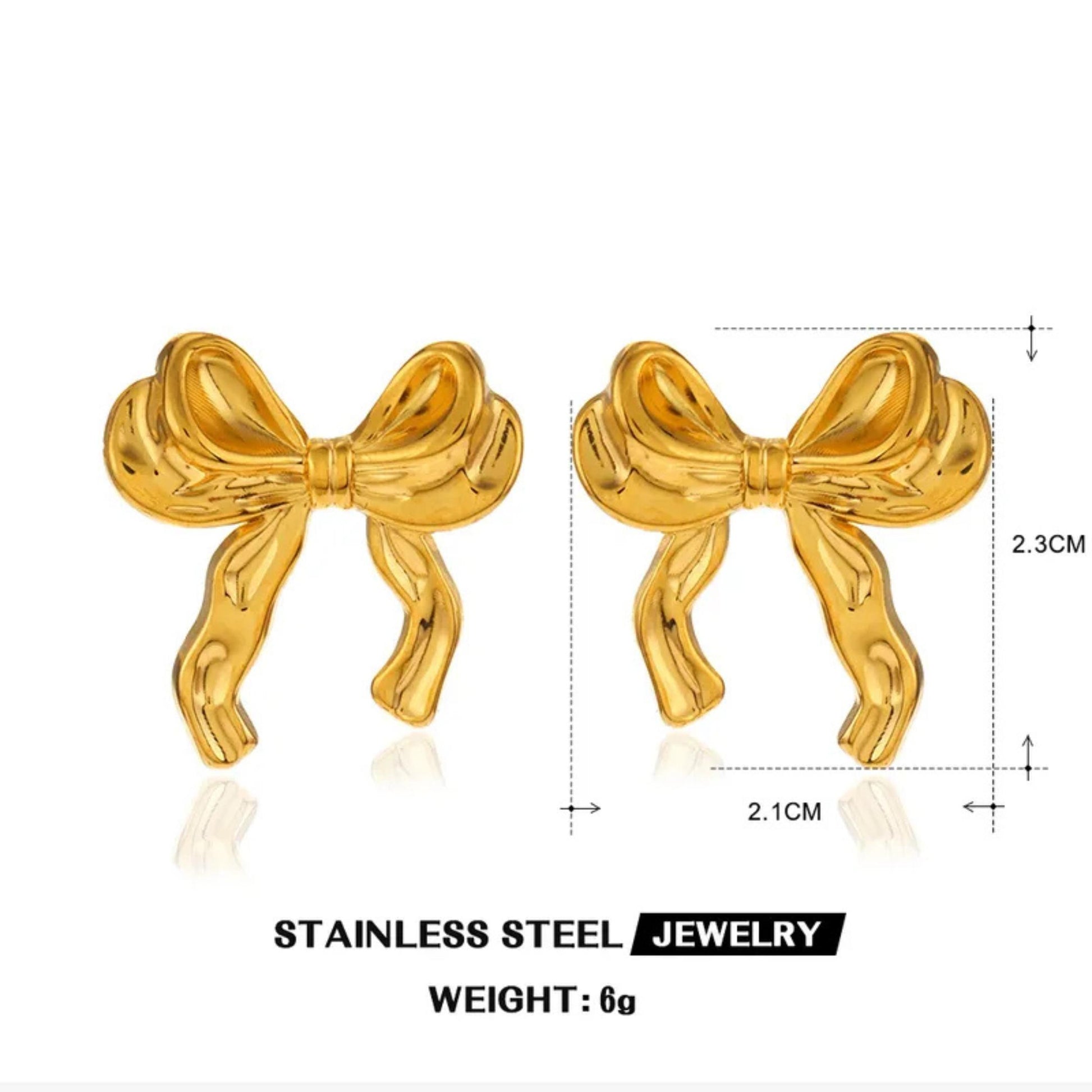 Gold bow-shaped earrings with measurements on a white background