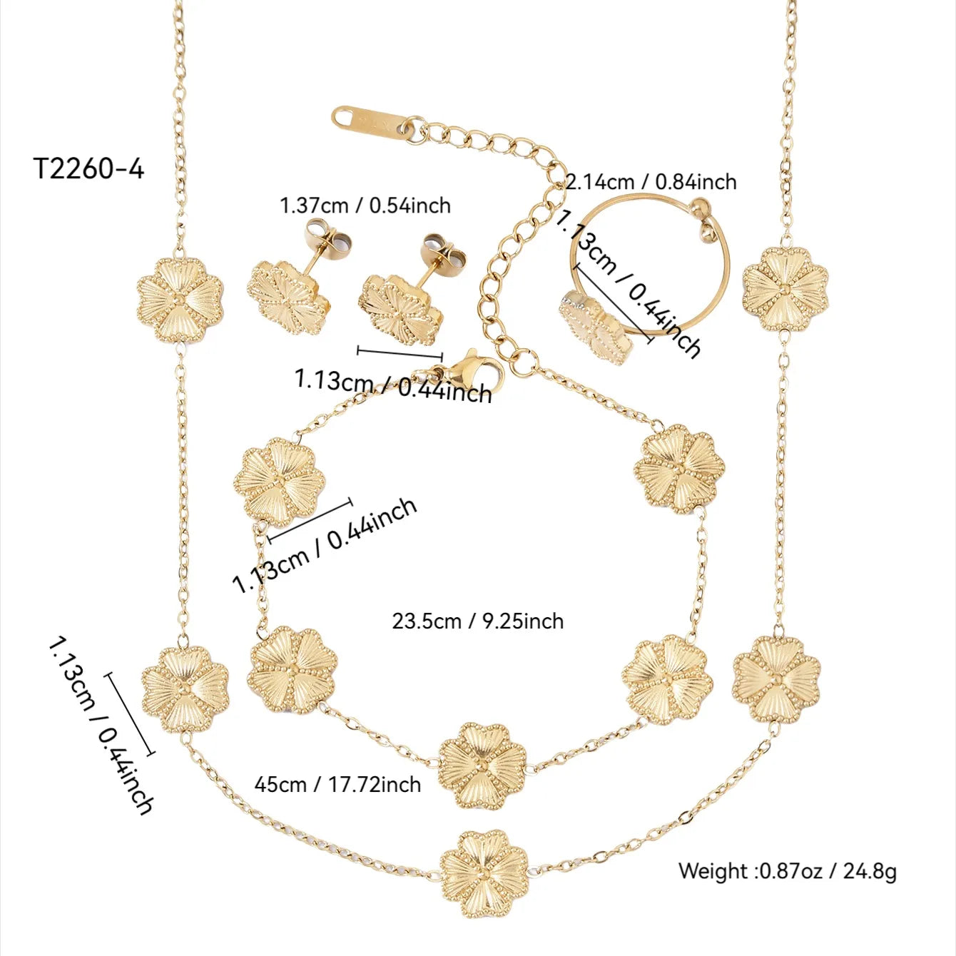 Gold jewelry set with necklace, bracelet, and earrings, including measurements and weight details.