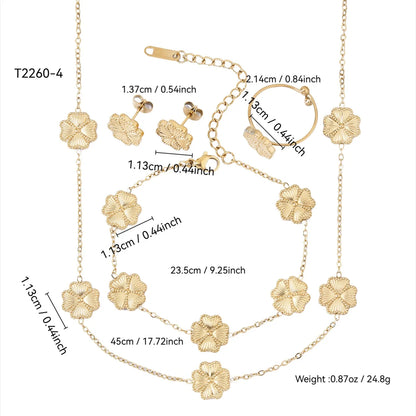 Gold jewelry set with necklace, bracelet, and earrings, including measurements and weight details.