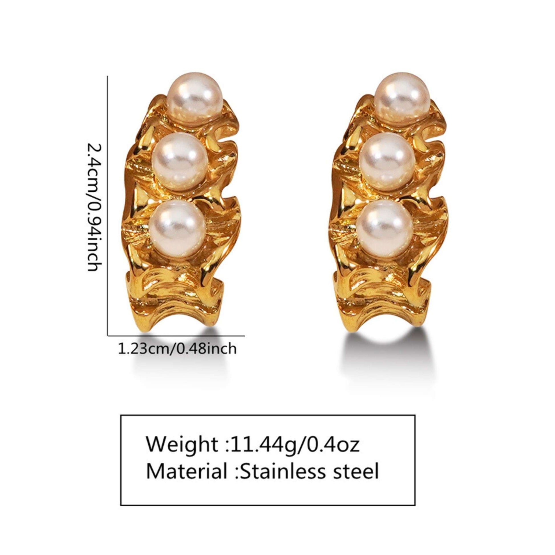 Gold earrings with pearls and measurements on a white background
