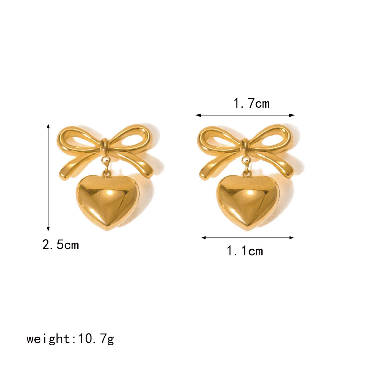Gold heart-shaped earrings with bow details and measurements on a white background