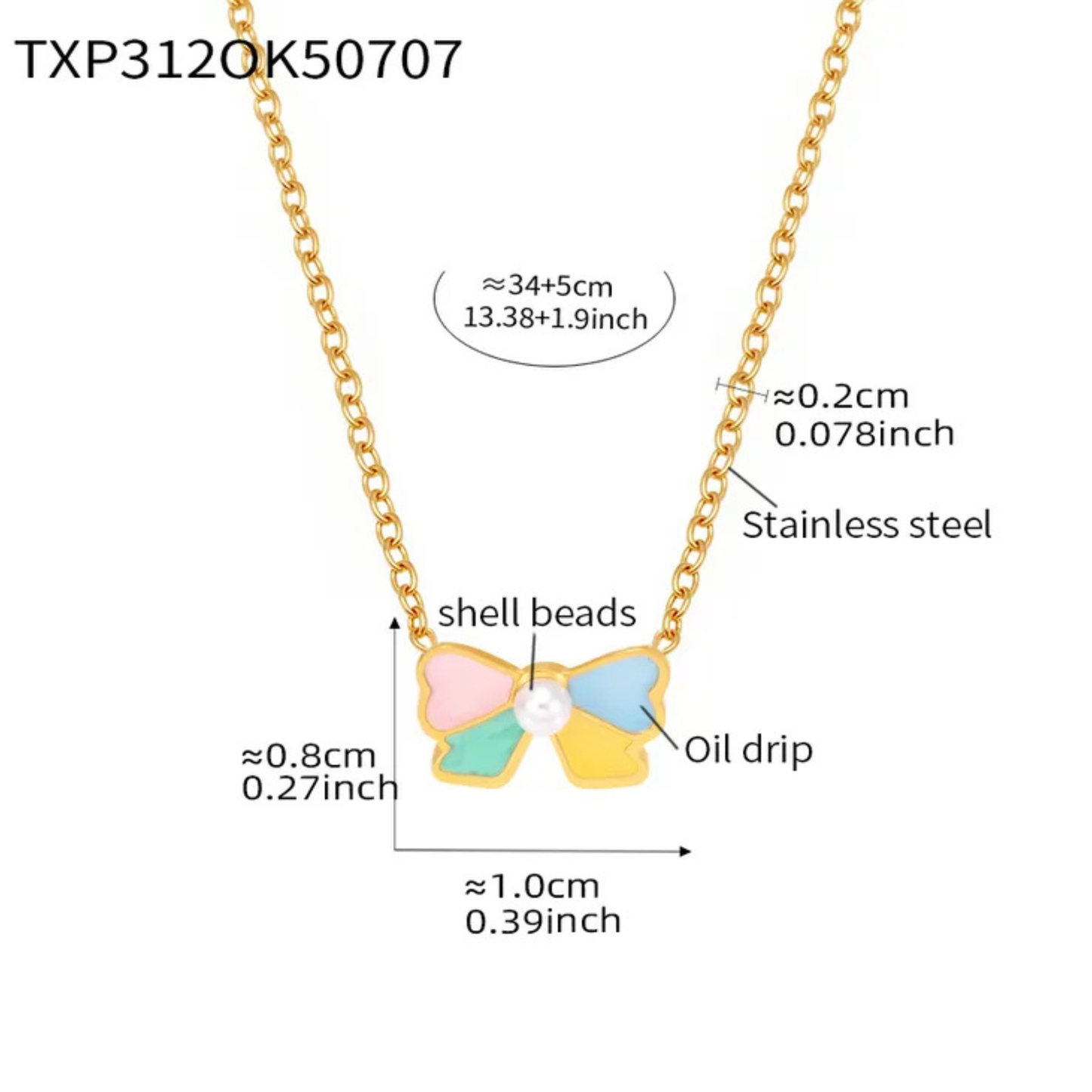 bow-shaped necklace with measurements on a white background