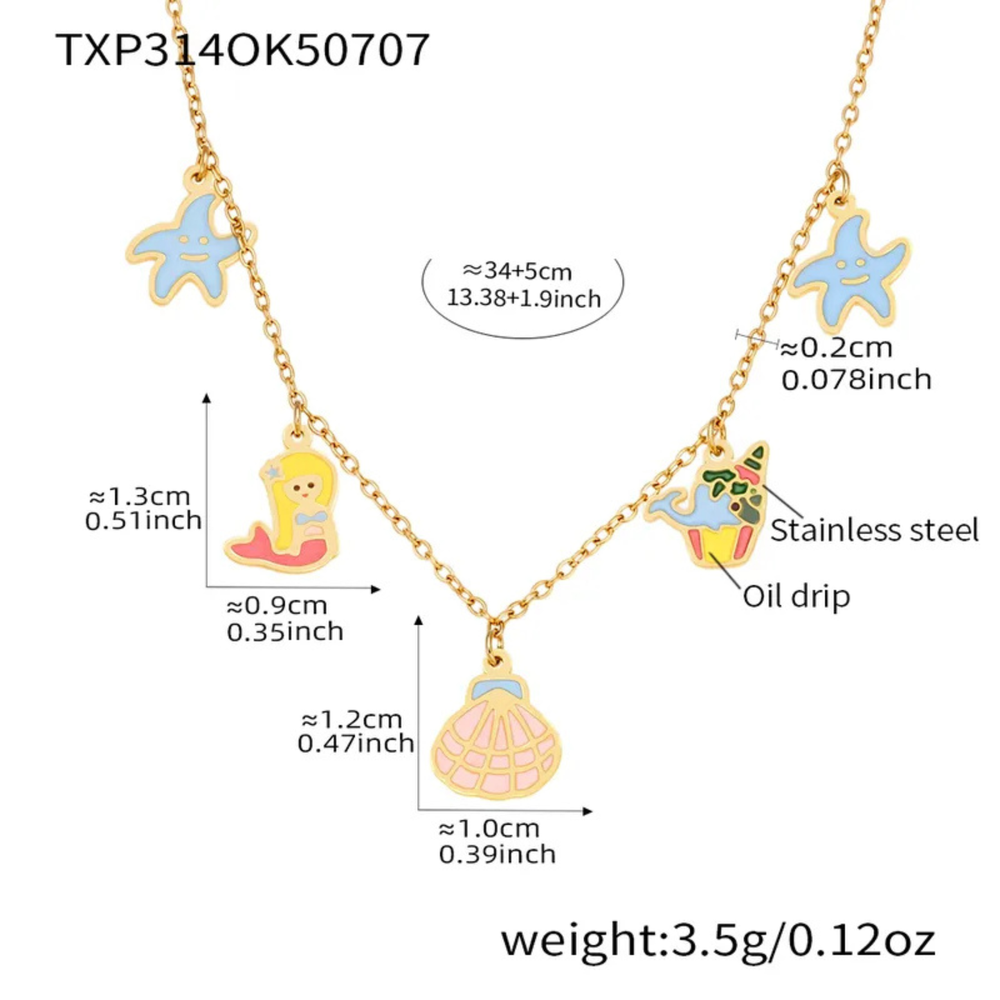 Necklace with starfish, mermaid, and shell charms with measurements on a white background