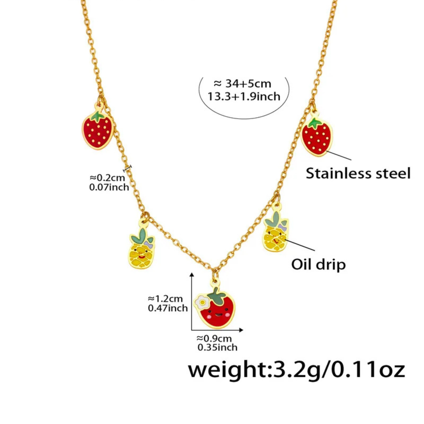 Gold necklace with fruit-shaped pendants and measurements on a white background