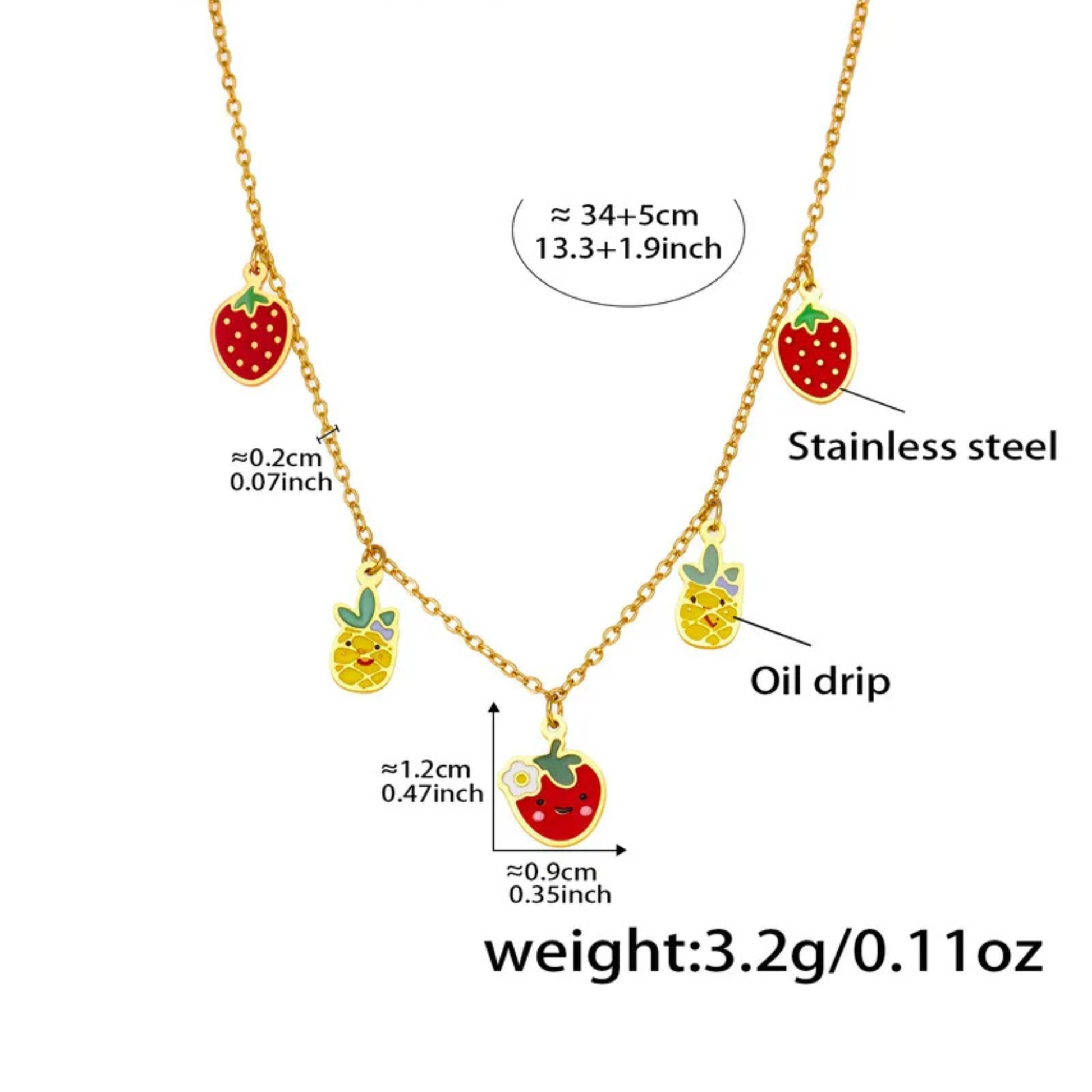 Gold necklace with fruit-shaped pendants and measurements on a white background
