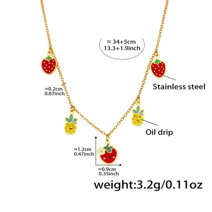 Gold necklace with fruit-shaped pendants and measurements on a white background