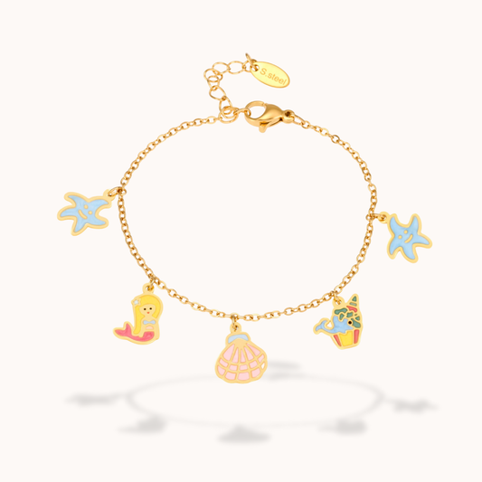 Gold bracelet with colorful charms on a white background