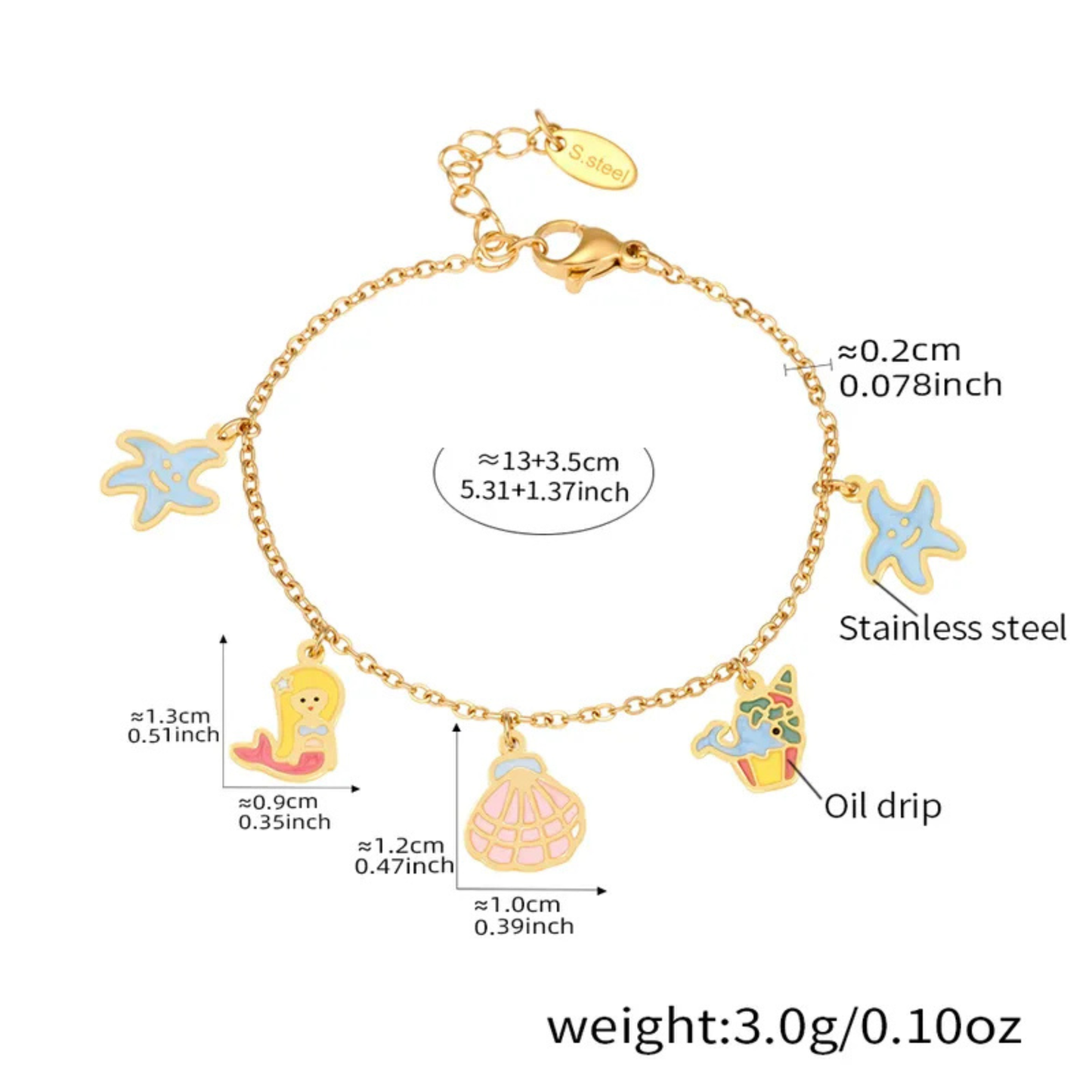 Gold bracelet with starfish, mermaid, and shell charms, showing measurements and weight on a white background.