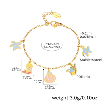 Gold bracelet with starfish, mermaid, and shell charms, showing measurements and weight on a white background.