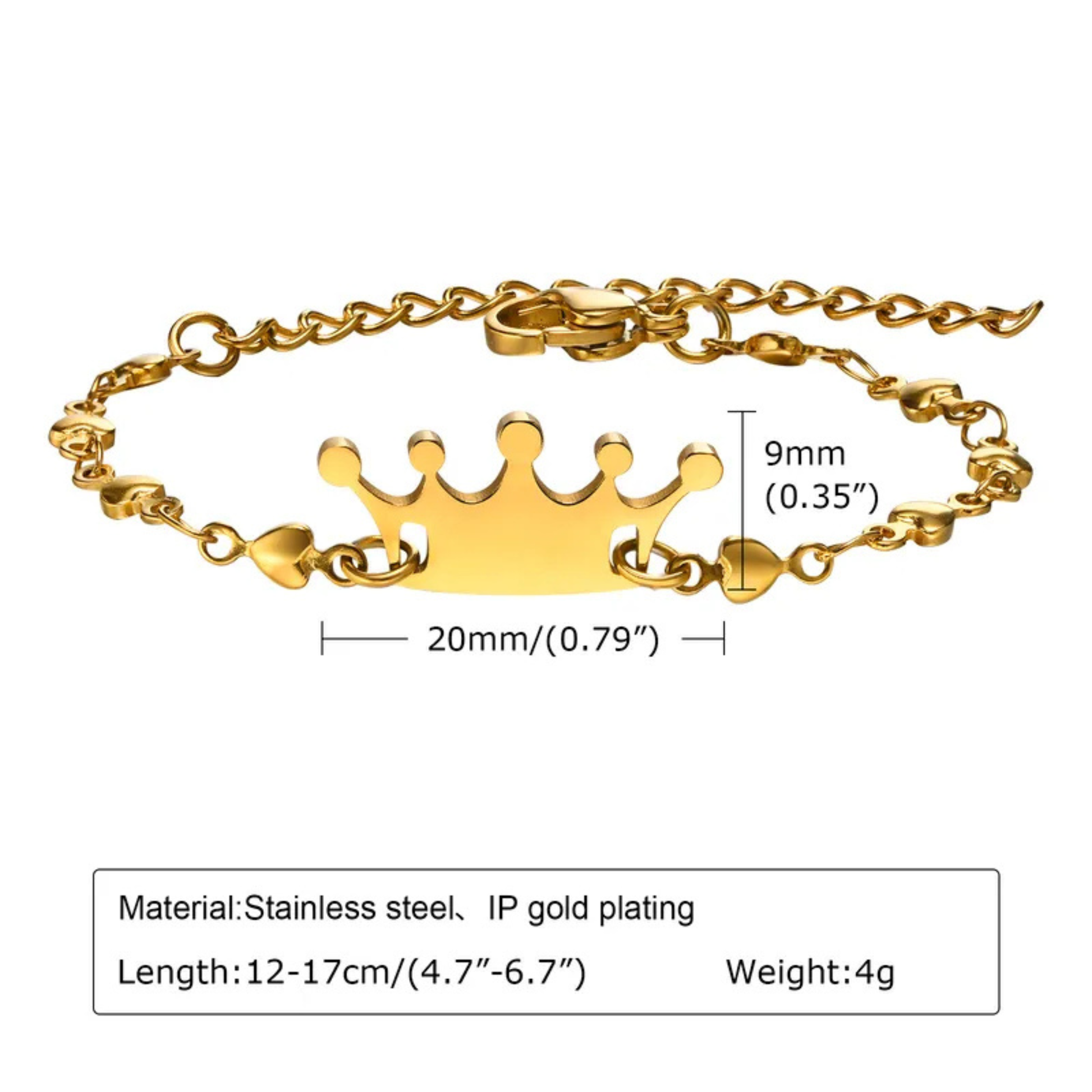 Gold bracelet with crown design and measurement details on a white background